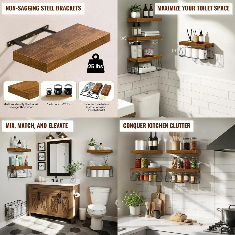 

Rustic 4-Piece Wall Shelves with 2 Iron Baskets, 16 Brown, Over-Toilet Storage, Farmhouse Style for Home