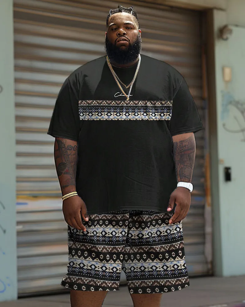 Biggmans Plus Size L-9Xl Men\'s T-Shirt Set Hip Hop Bronson Short Sleeve Tee Oversized Tops Casual Stripe Print Suit Clothing