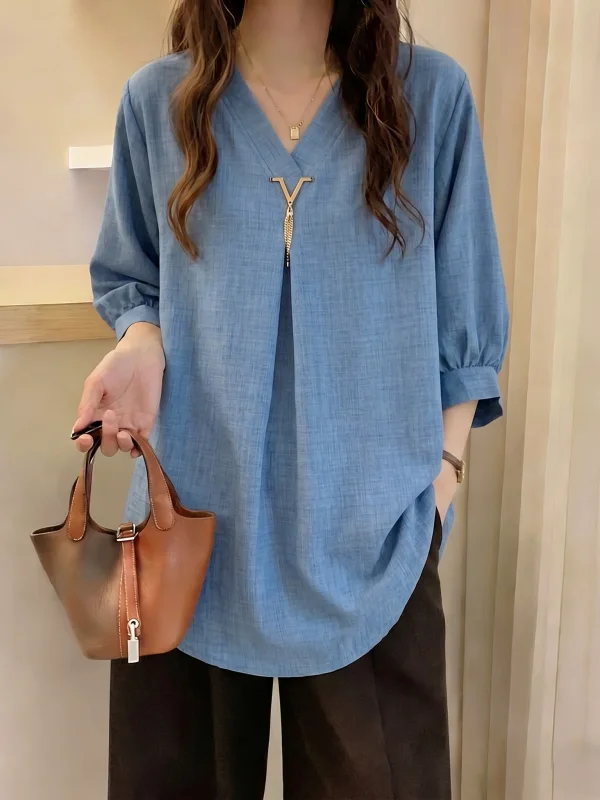 

Elegant Blue V-Neck Short Sleeve Shirt Women's plus Size Midi Top Korean Style Commute Fashion Loose Fit Summer New Arrival