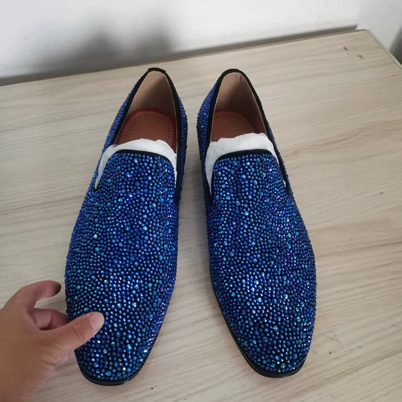 Royal Blue Rhinestone Loafers Luxury Evening Formal Men Dress Shoes Slip On Leather Flats Party Wedding Shoes view 5