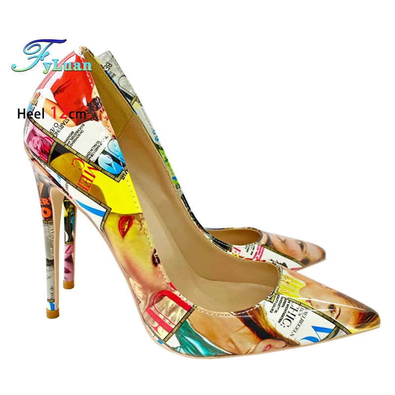 

Женские туфли с острым носком в европейском и американском стиле, модные туфли-лодочки на высоком каблуке с граффити 8–12 см, трендовая женская обувь, большие размеры 45, 46