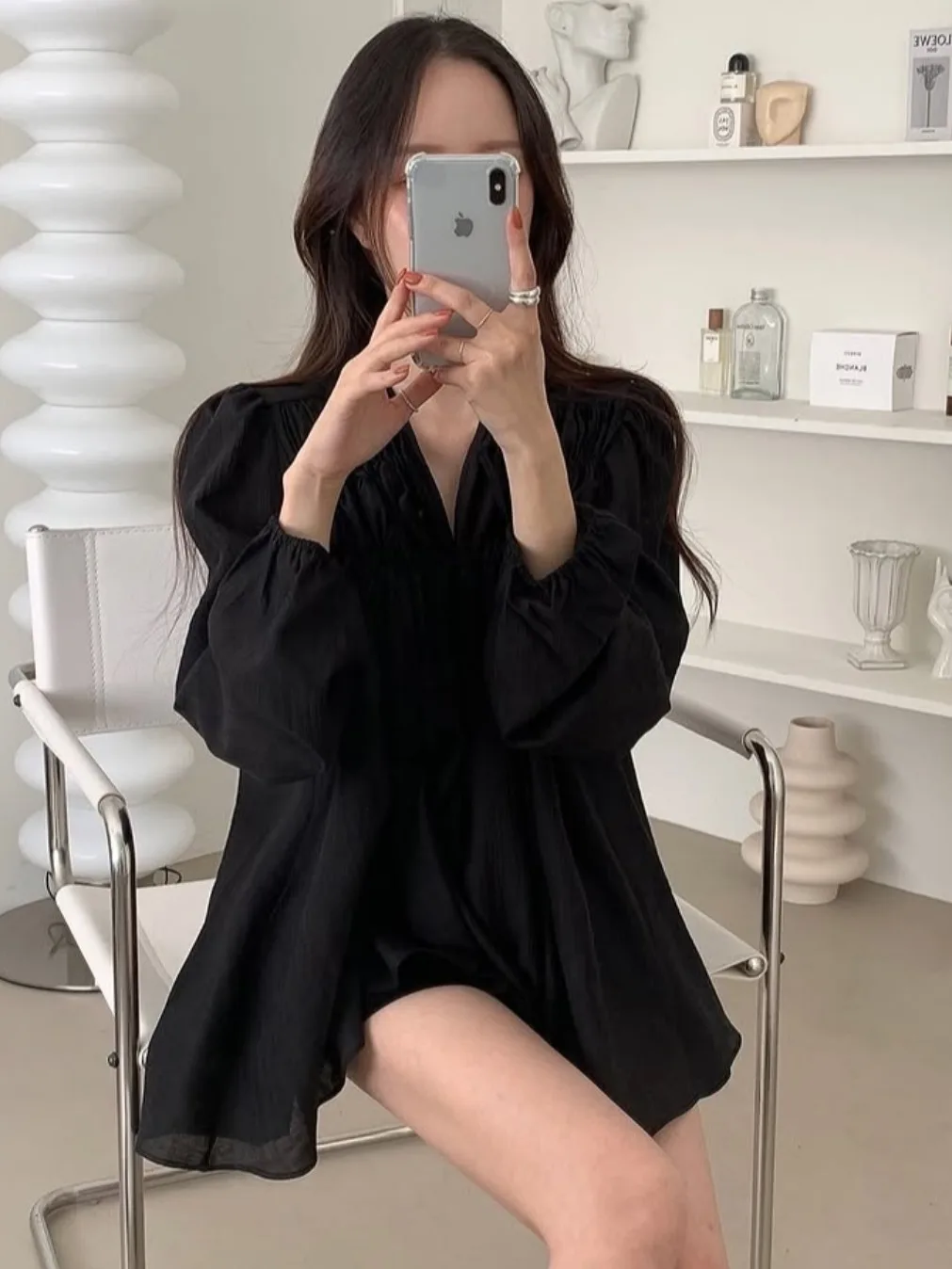 Loose Bubble Sve irt V-Ne Pleated Pure Color Belted Casual Faion Women's Long Sve irt for Autumn Spring Winter