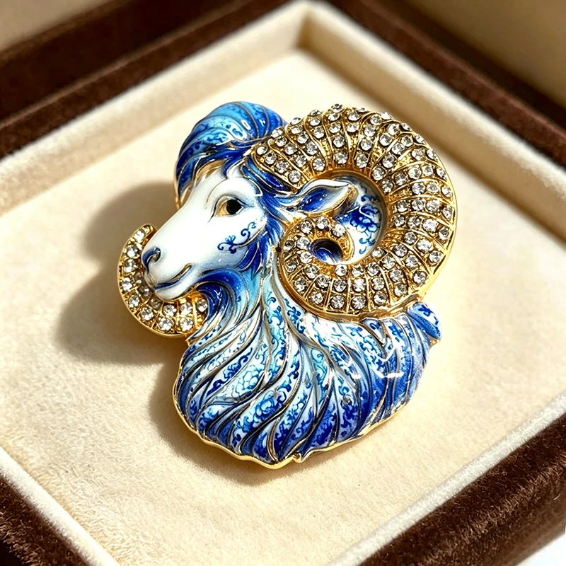 Blue White Enamel Ram Head Brooch Crystal Rhinestone Gold Alloy Sheep Lapel Pin Zodiac Aries Jewelry Gift