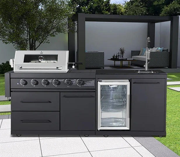 

Customized Black Stainless Steel Outside Grill BBQ Island Outdoor Garden Kitchen With Fridge And Sink