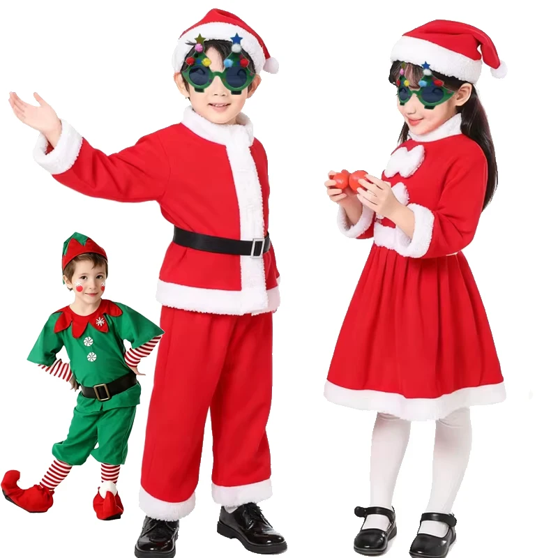 

2025 New Year Kids Santa Claus Costume Girls Christmas Dress Boys' and Girls' Christmas Outfits Carnival Party Clothes Xmas Gift