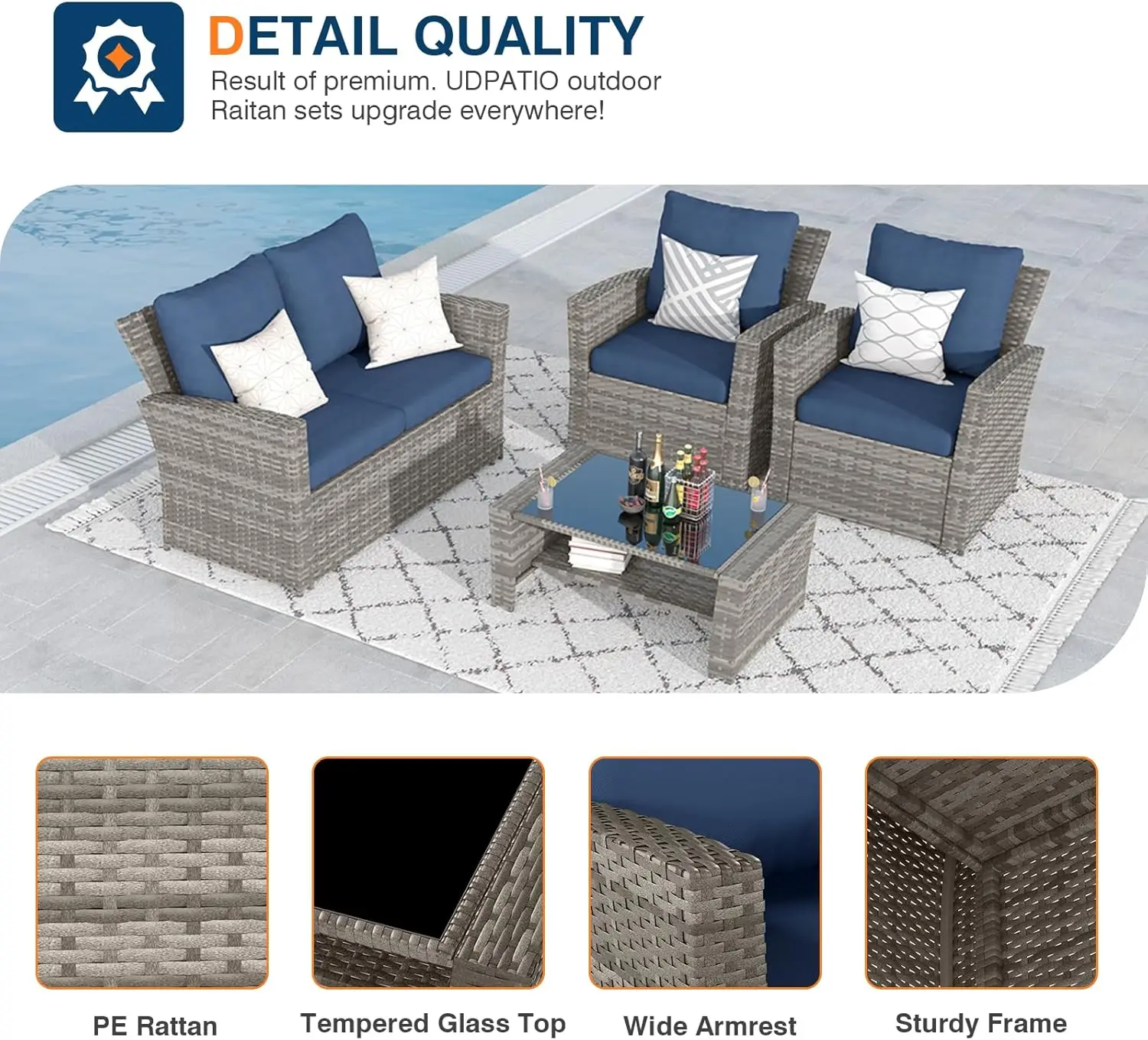 UDPATIO Patio Sofa Set of 4, Patio Furniture Set with Glass Top Table, Grey Rattan Sofa Chair with Navy Cushions Sectional Sofa