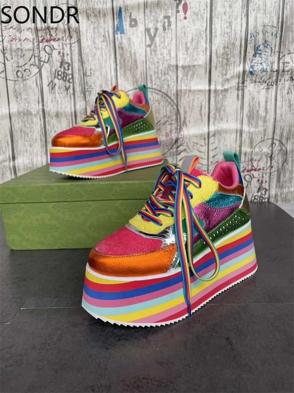 Womens Genuine Leather Sneakers Rainbow Colors Shoes Platform High Heel Casual Luxury New 2024