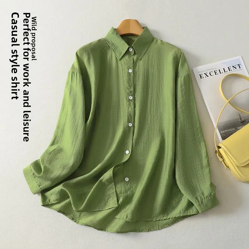 

Элегантная винтажная зеленая льняная рубашка для женщин: защита от солнца, повседневный стиль, свободный крой, длинный рукав, открытый кардиган для многослойных образов