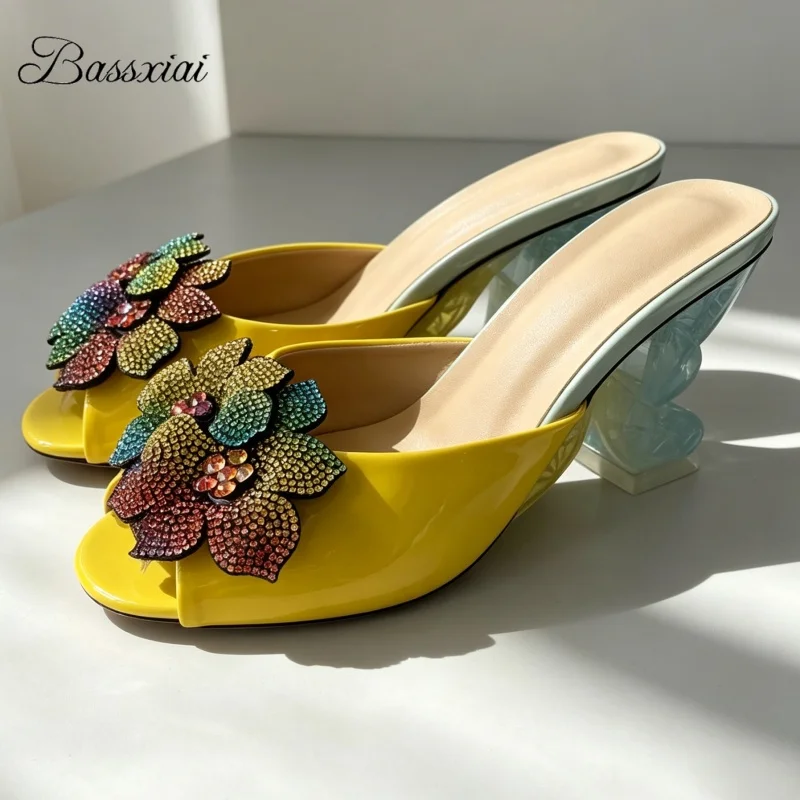 

Colorful Rhinestone Flower Decor Summer Mules For Girls Individual Butterfly-Shaped Strange Heel Slingbacks Women Sandals
