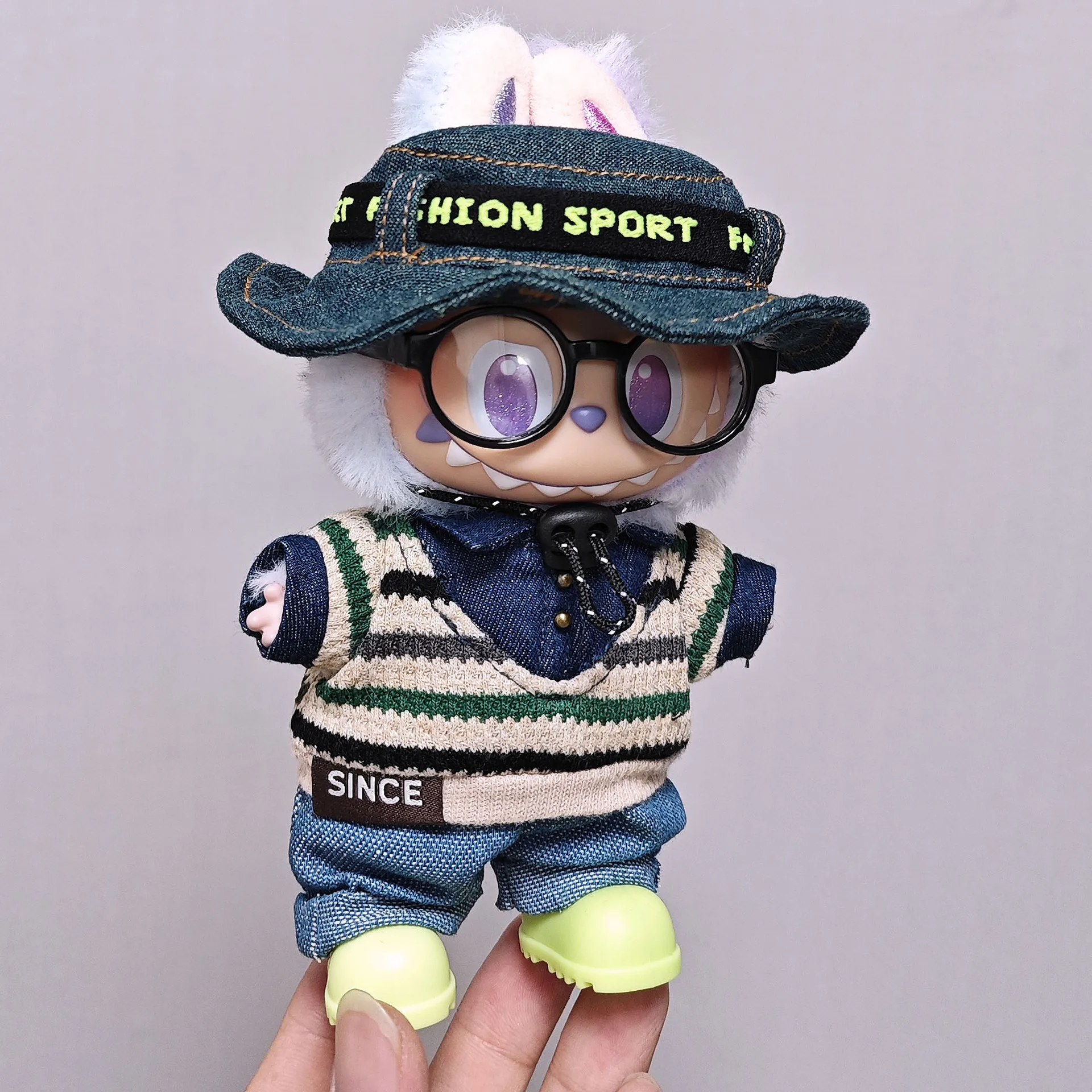 Voor Labubu Hoge kwaliteit poppenkleding 15-17CM Vissershoed Gestreepte trui Set Labubu Universele kleding
