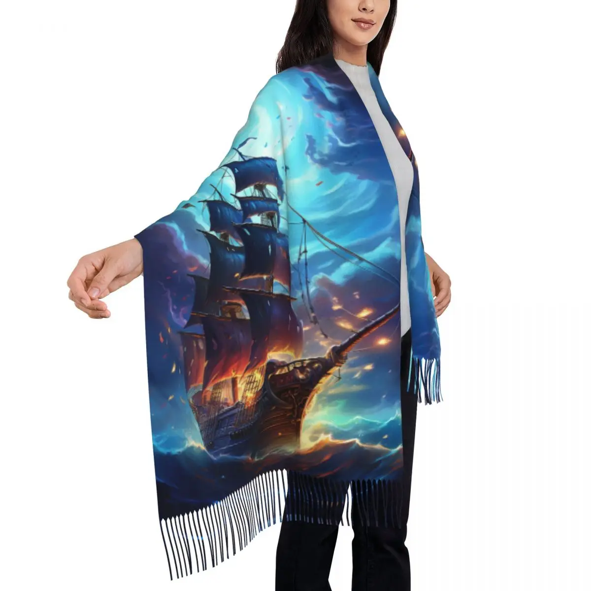 Personalized Printed Fantasy Pirate Ship Long Pile Fringe Men Scarf Women'S Anti Chill Scarf