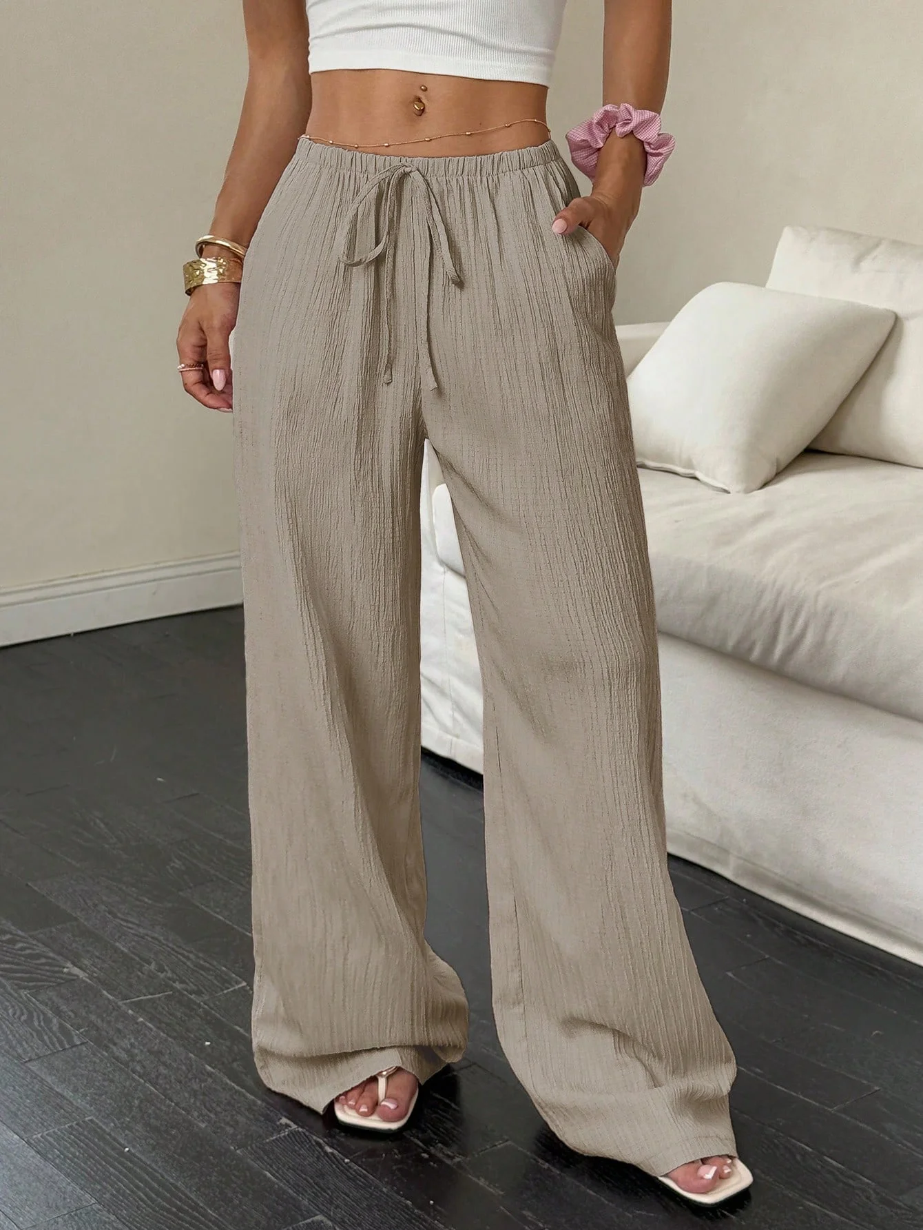 Large Size Elastic Micro-Elastic Trilogy Fiber Women's Texture Fabric Belted Pants Retro Nine-Piece Pants