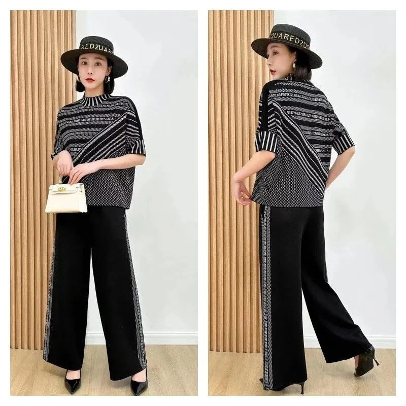 Spring Autumn New Two Piece Mid Sleeve Knitted Set Women\'s Fashion Style Loose Top+Wide Leg Pants Mother Casual Clothing Sets