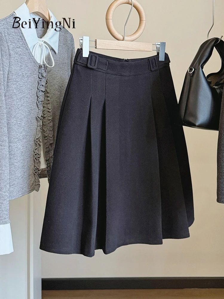 Beiyingni Stylish Sexy Pleated Skirts Women 2026 Fall Winter Casual Short Skirt Female Kpop Vintage High Waist Knee-length Skirt