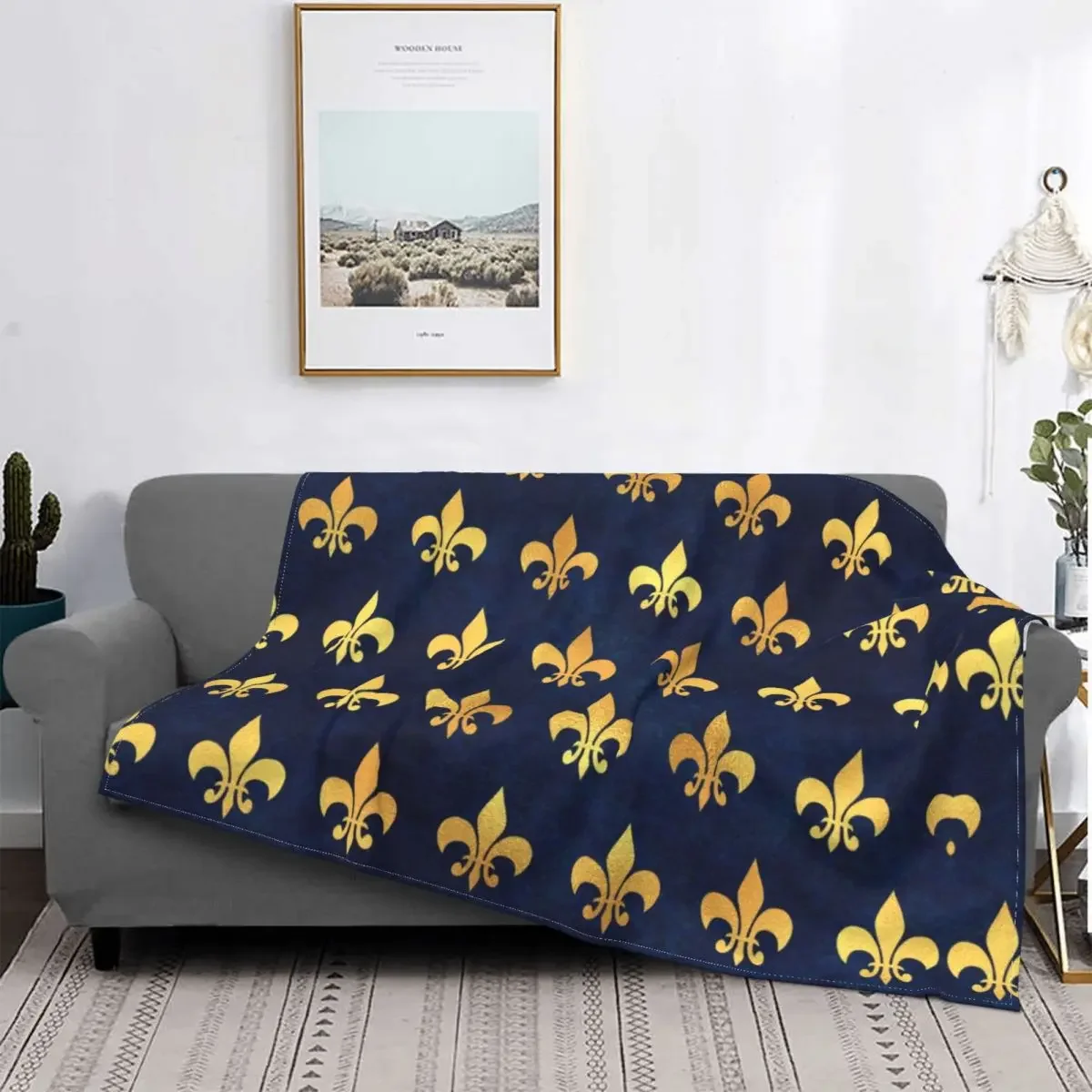 

Fleece Royal Gold Blue Grunge Fleur De Lis Throw Blanket Warm Flannel Lily Flower Blankets for Bedding Travel Sofa Bedspreads