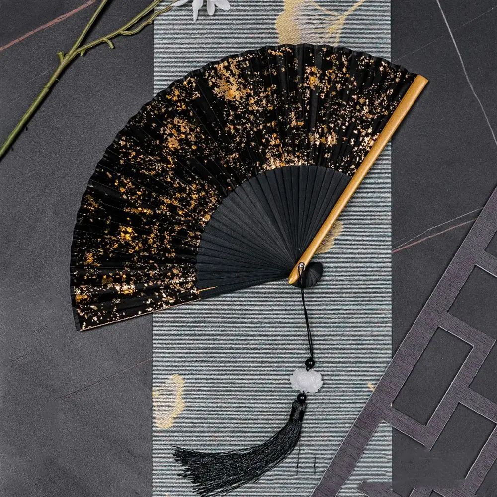 

Durable Chinese Style Portable Folding Fan with Tassels Elegant Handheld Bamboo Fan Gold Silver Cool Fan Performances Party