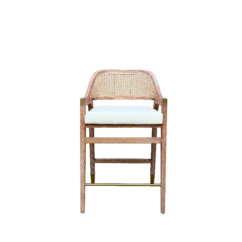 Light wood rattan high-backed solid wood bar stool with linen cushion - high lounge chair for restaurants and bars