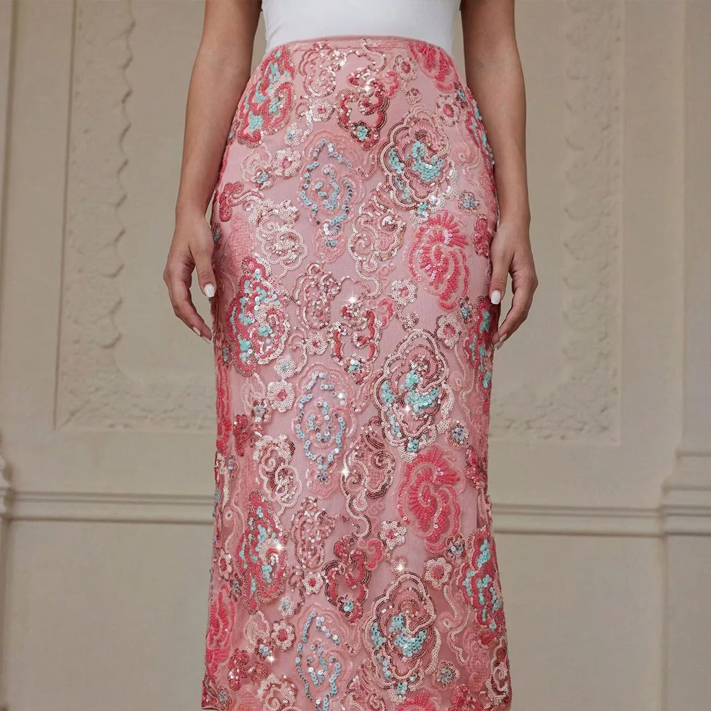 Fashionable Retro Beaded Heavy Embellished Wrap around  Skirt for Women Low Waist Design Perfect for Autumn Season