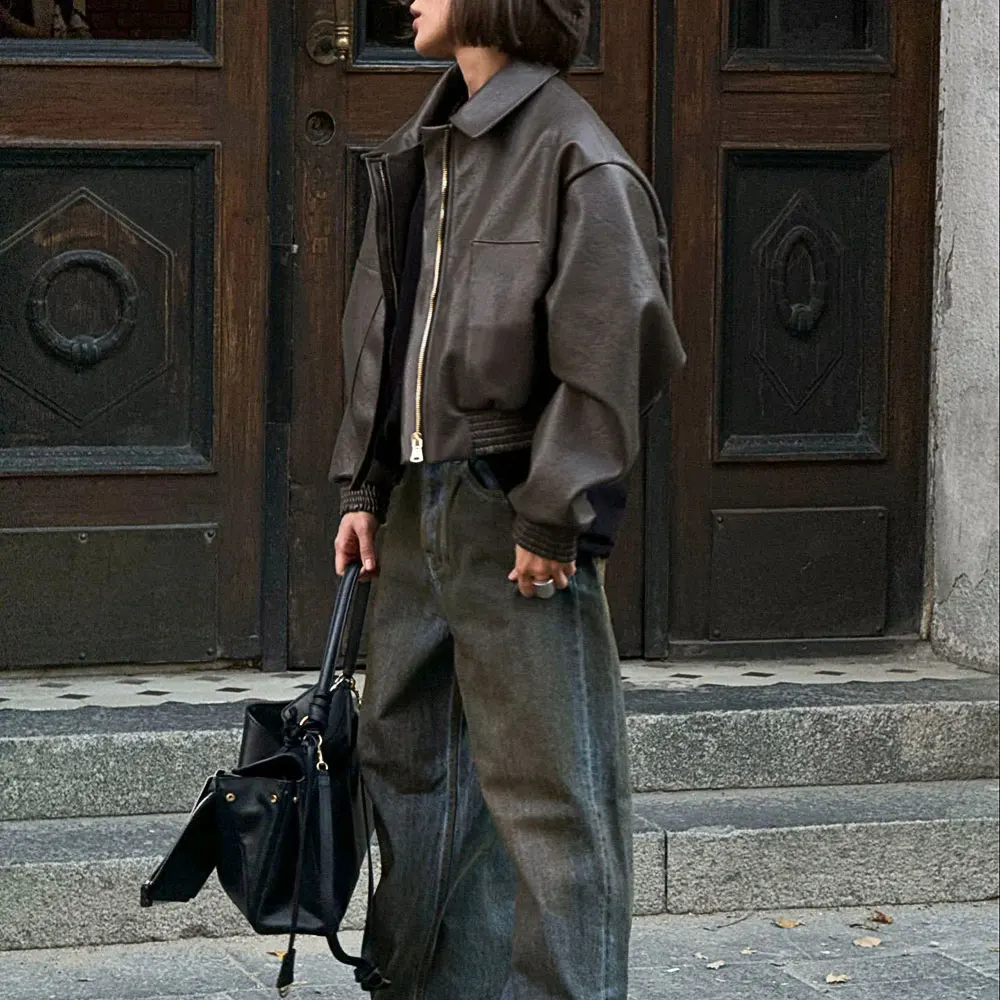 سترة نسائية من جلد البولي يوريثان بتصميم ريترو للدراجات النارية، سترة ربيعية بمزاج شخصي فضفاض كاجوال بتصميم عصري أوروبي أمريكي #6