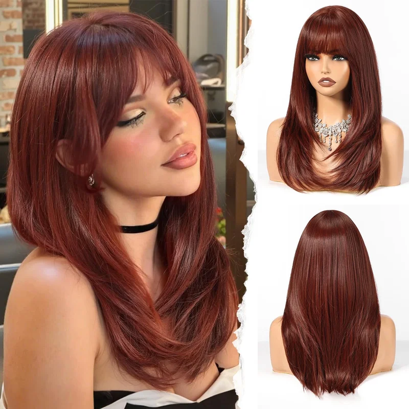 Layered Red Brown Medium Long Straight Synthetic Wigs for Women with Bangs He...