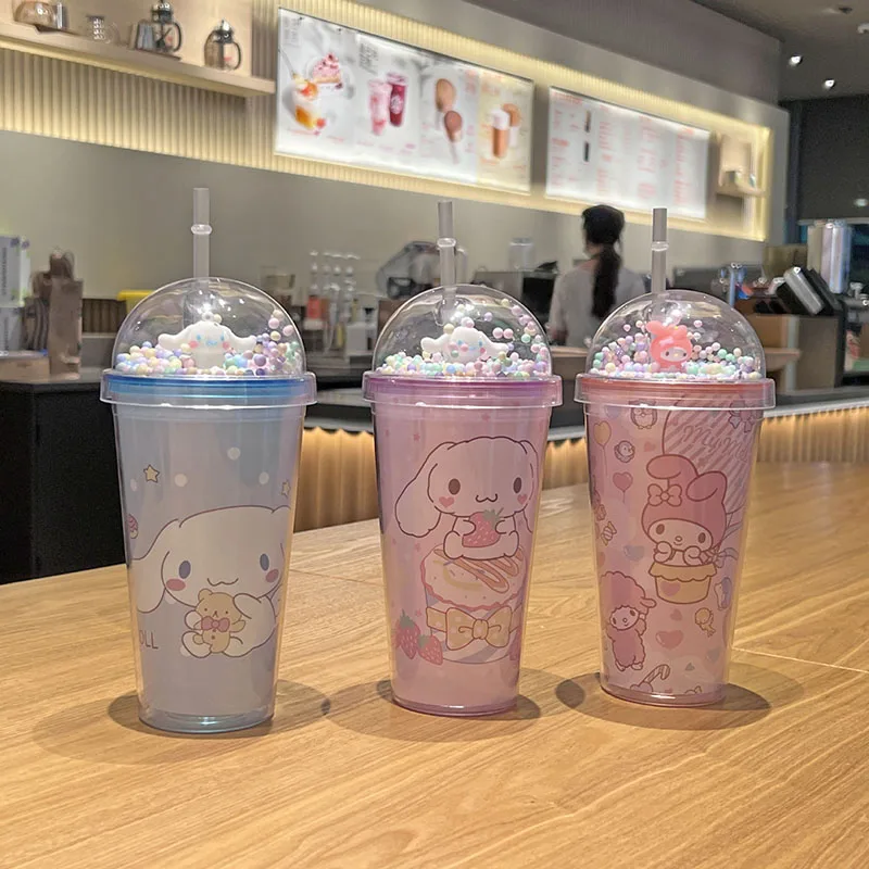 Kawaii Sanrio Anime Double Layered Straw Cup Cute My Melody Cinnamoroll Cartoon Little Fresh Summer Ice Crusher Gifts for Girls