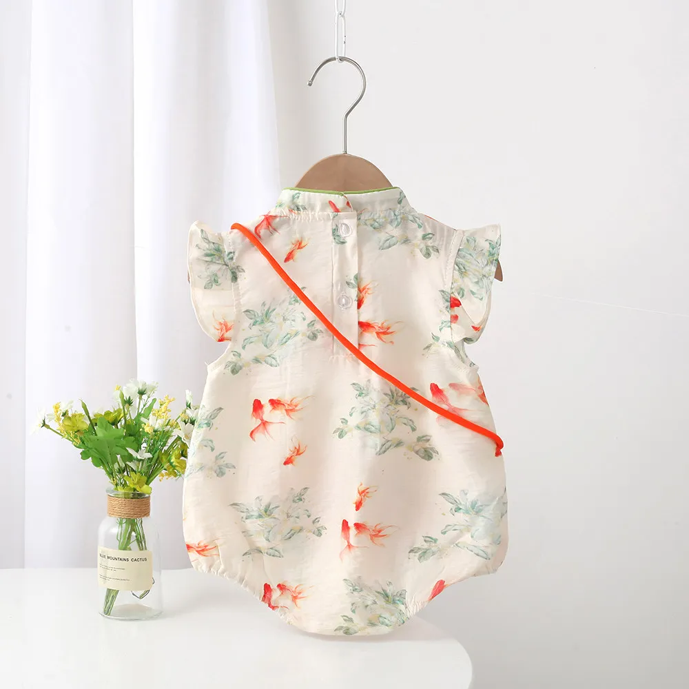 [Free Little Fish Bag] Summer Thin New Chinese Style Romper for Infants and Toddlers, Casual Versatile Full-Print Baby Girl Jumpsuit