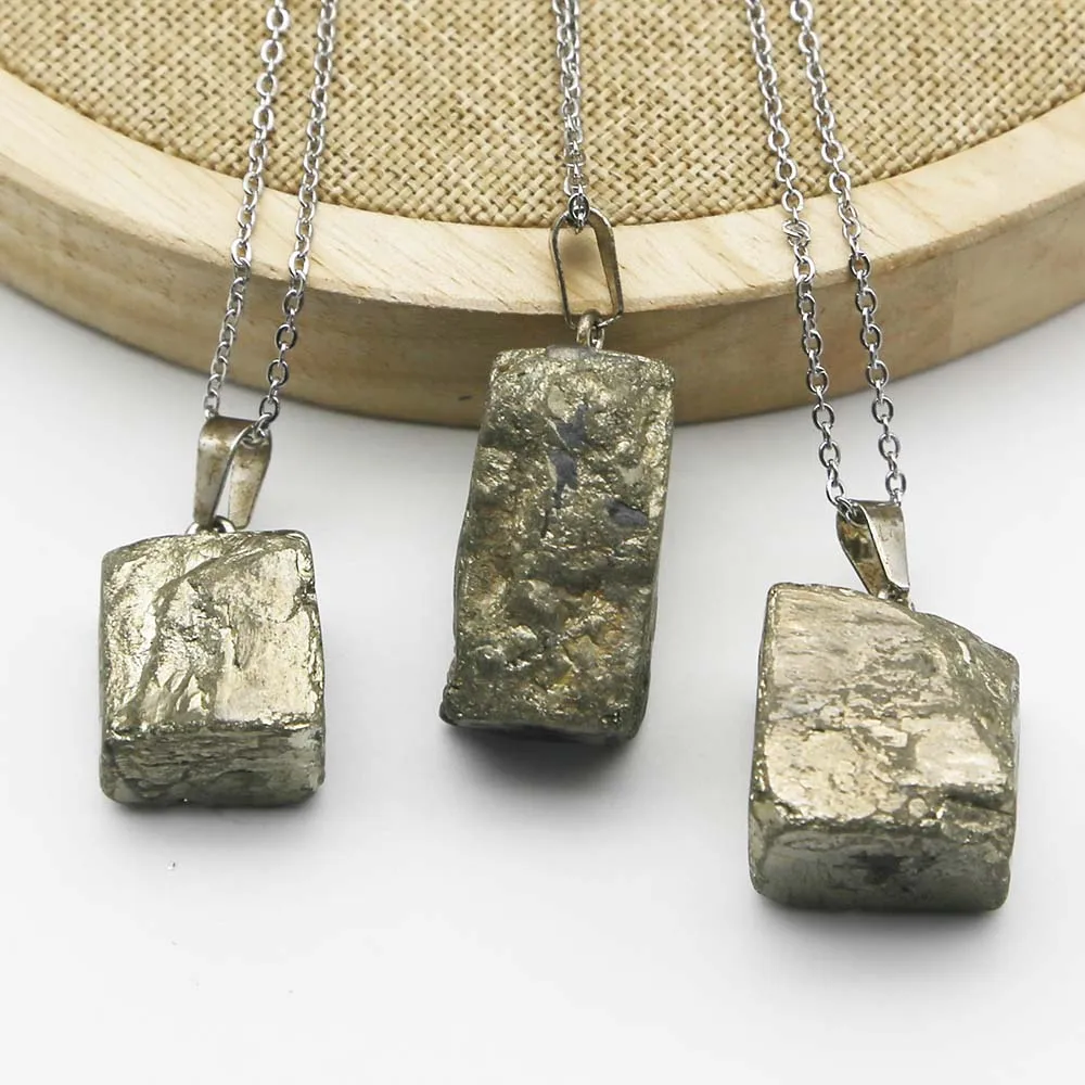 

New Natural Pyrite Raw Ore Irregular Pendant Stainless Steel Chain Necklace Healing Charm Fashion Jewelry Accessories Gift 10Pcs