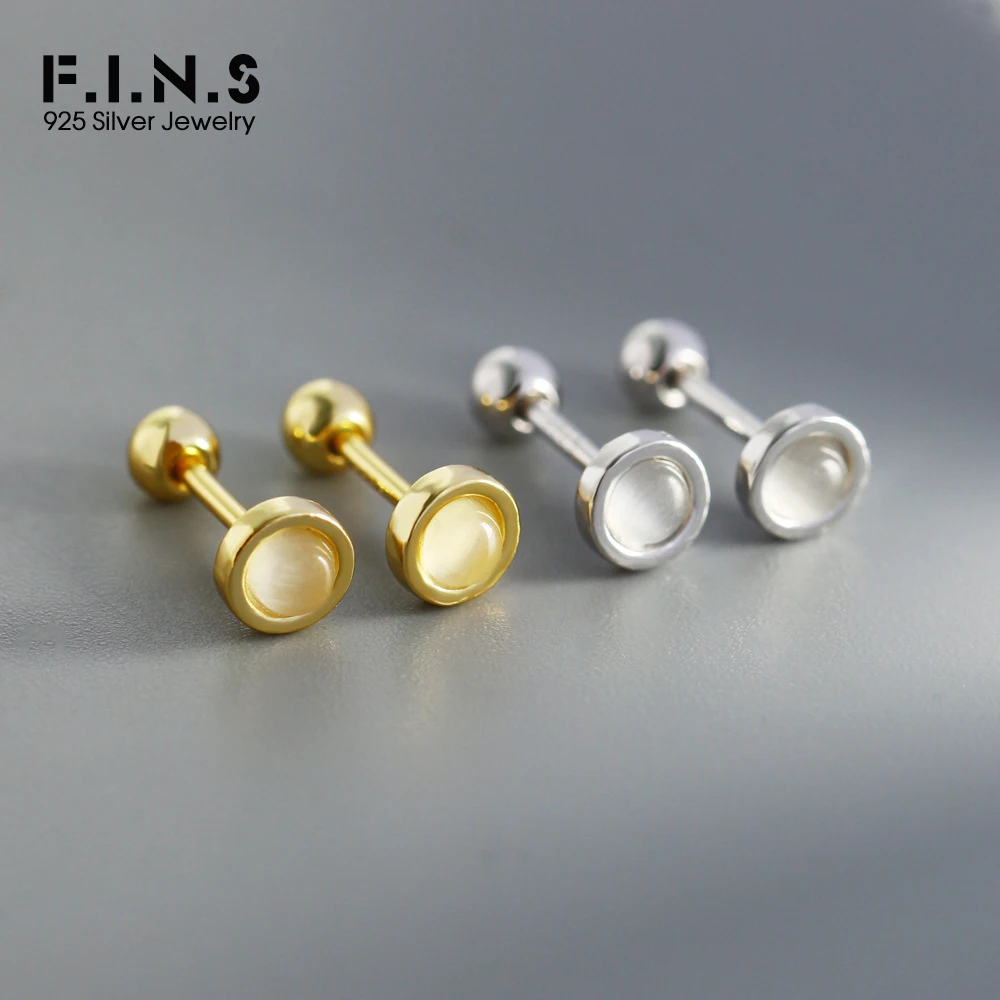 

F.I.N.S Opal Small S925 Sterling Silver Stud Earrings Classic Round Cat's Eye Stone Piercing Ear Hypoallergenic Fine Jewelry
