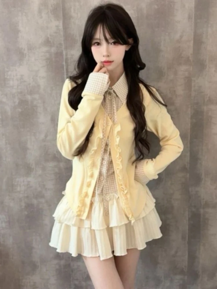 جديد خمر الحلو منقوشة 2 قطعة مجموعة المرأة الرجعية المرقعة كم طويل بلايز + تنورة صغيرة Harajuku موضة أنيقة تصميم وتتسابق