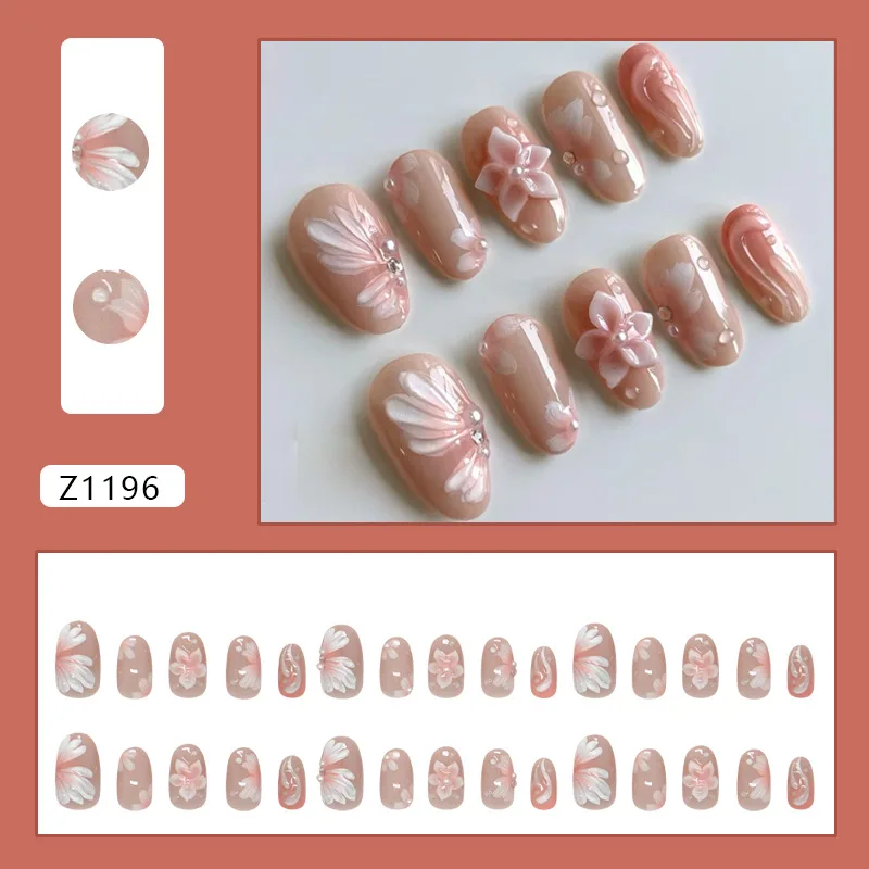 24 Stück süße rosa Mandel-Nagelnägel zum Aufdrücken, glänzende 3D-Blumen-Ins-Nagelspitzen mit Perle, elegante künstliche Nägel für Frauen, tragbare Maniküre