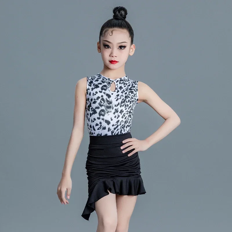 

Новая тренировочная леопардовая одежда для латинских танцев без рукавов, детское платье, комплект для соревнований с разрезом