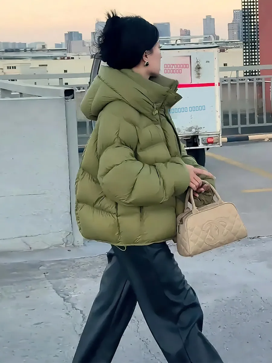 여성용 오르티엔드 화이트 듀 다운 푸퍼 재킷 겨울 코트 후드 끈 따뜻한 트렌디 출퇴근 스타일 2024 신상품