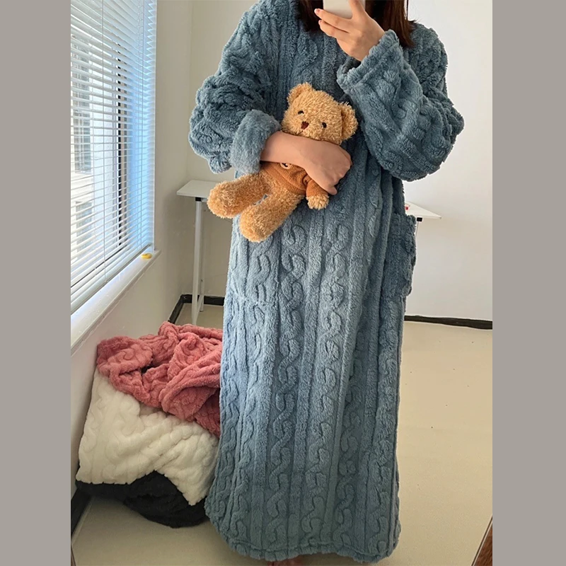 Winter Thicken Coral Velvet Nightgown Women Soft Warm Loose Long Night Dress with Pocket Comfort Pajamas Nightdress Sleepwear