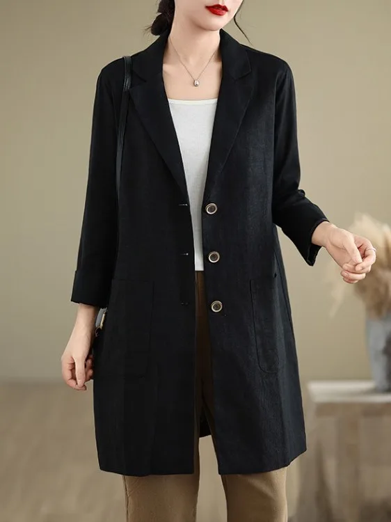 Loose Fit Long Sleeve Pure Color Cotton Linen Suit Jacket for Women Autumn New Style Medium Length Elegant Top Large Size