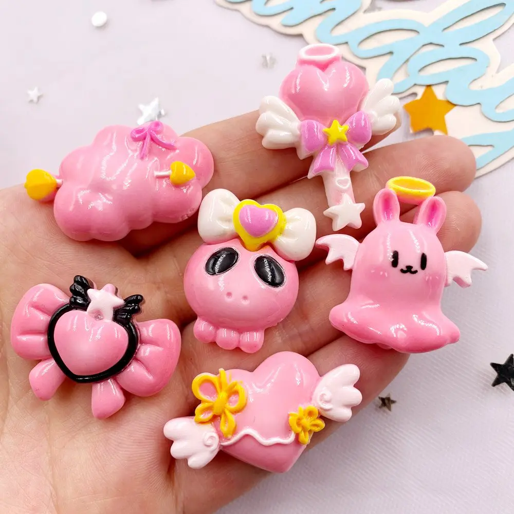 6pcs Resin Colorful Cartoon Pink Love Magic Stick Skull Flatback Stone Figurine Halloween Decor Scrapbook DIY Accessories Crafts