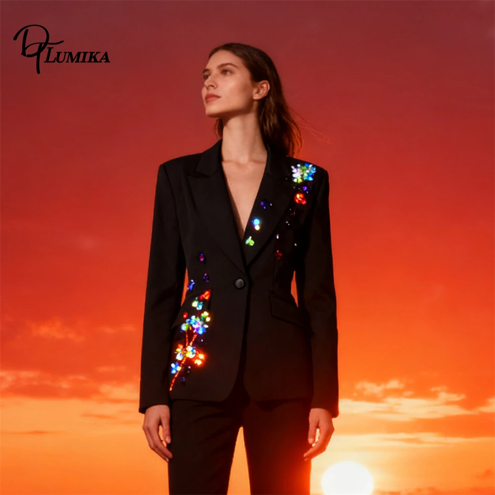 سترة DTLumika سوداء للنساء، سترة بدلة مطرزة بالترتر الزهري، ملابس خارجية رسمية/غير رسمية بقصة ضيقة #2