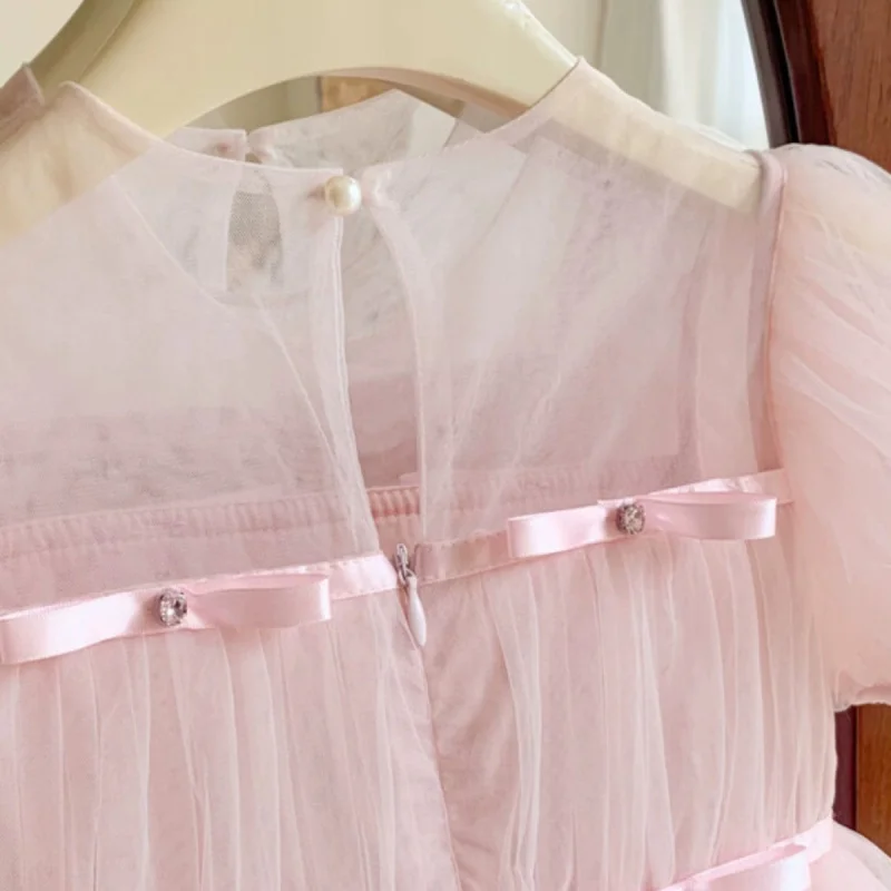 

Girls Small and Older Children Dress Princess Dress Spring2025New Fashionable Dress Pink Girl Puff Sleeve Spring Clothes