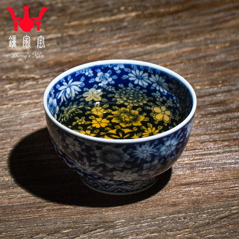 Zhongjia Kiln High-End Master Cup Single Owner Ceramic Cup Jingdezhen Blue and White Wood Kiln Blue and White Flowers inside and