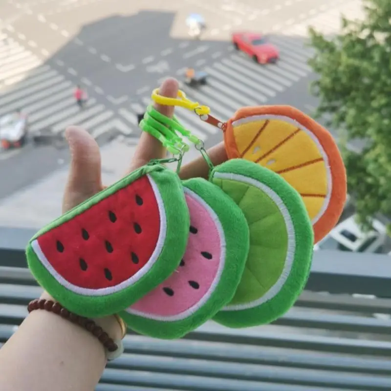 Cute Plush Fruit Slice Coin Purse Soft Lightweight Zipper Pouch with Keychain Ideal Birthday Gift for Girls Children