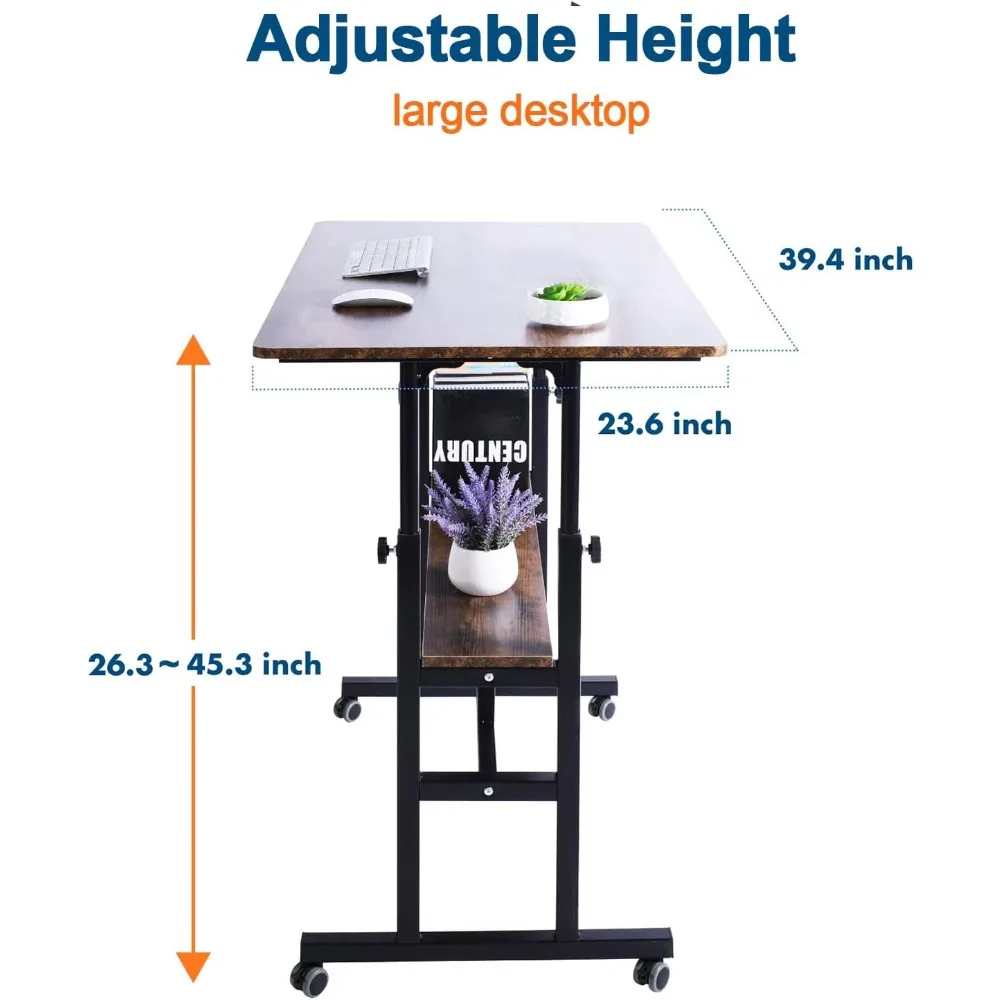 Mesa de ordenador portátil ajustable de doble capa, ruedas rodantes, estación de trabajo para oficina en casa, sentado, adultos o niños