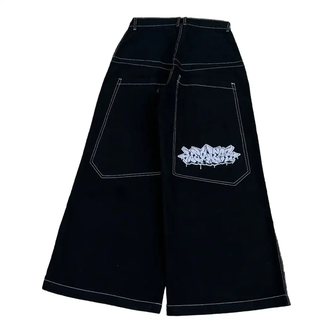 Wexwear السراويل السوداء الرجال النساء الهيب هوب المطرزة Y2k الجينز الفضفاضة خمر 2000s الشارع الشهير Harajuku عالية الخصر واسعة بنطلون #5