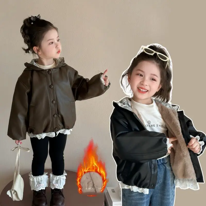 ホットガール厚いレザージャケット冬秋トップスパーカーレースコート多用途子供保温かわいいファッション新しいカジュアル服