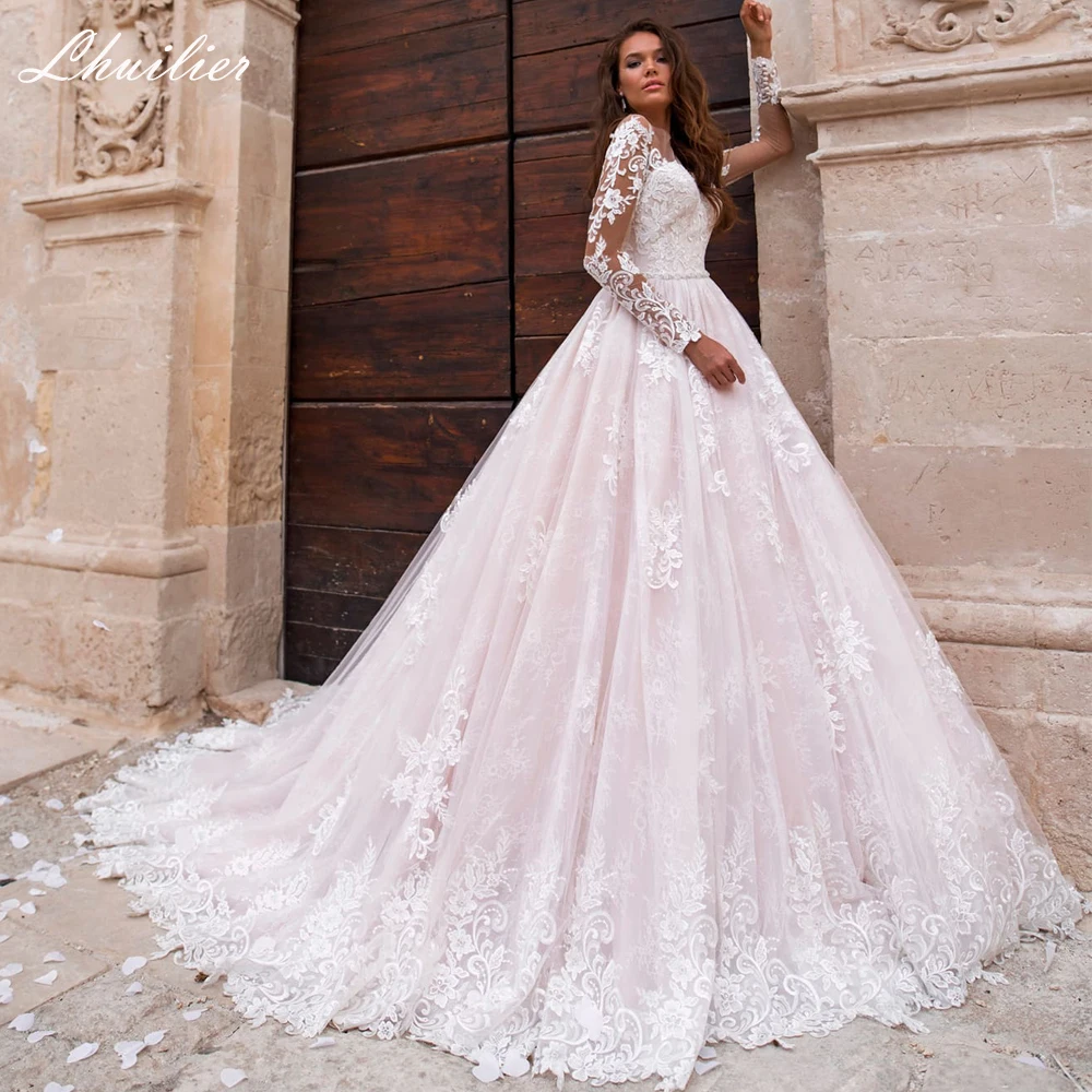 

Свадебные платья Lhuilier на заказ: бальные платья с кружевными аппликациями, вырезом-лодочкой, длинными рукавами, длиной в пол, с поясом