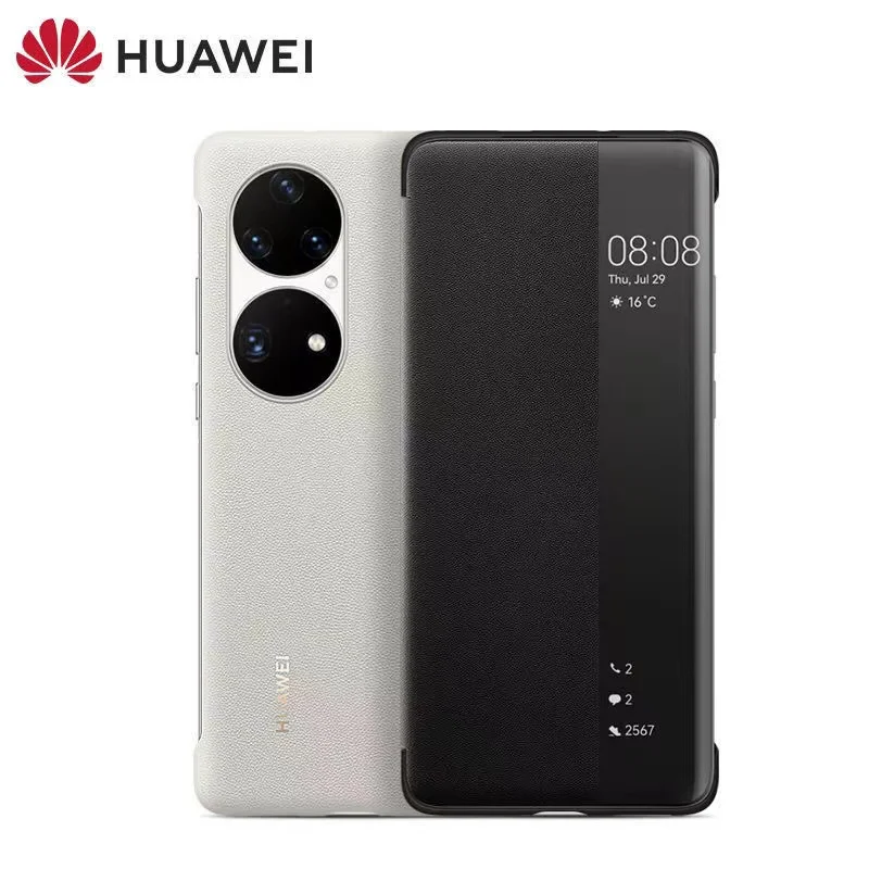 Original HUAWEI P50 Pro Smart View Flip Cover Smart Magnetic PU Scratch- and Wear-Resistant Surface Mobile Phone Case