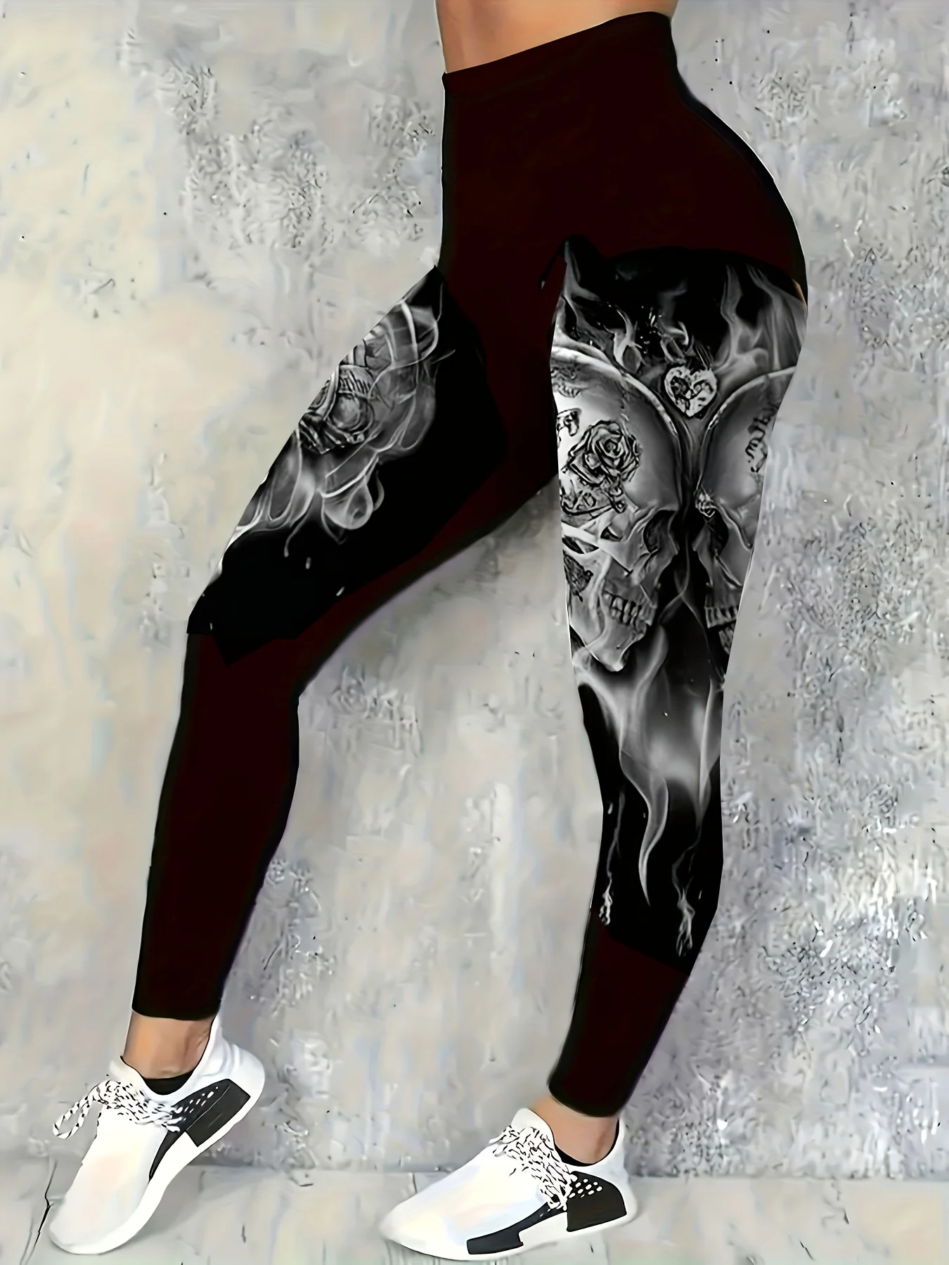 Women Mid‑Waist Fleece Lined Leggings, Skull Rose Flame Print, High Stretch Slim Warm Elastic Gothic Casual Sports Pants - view 4