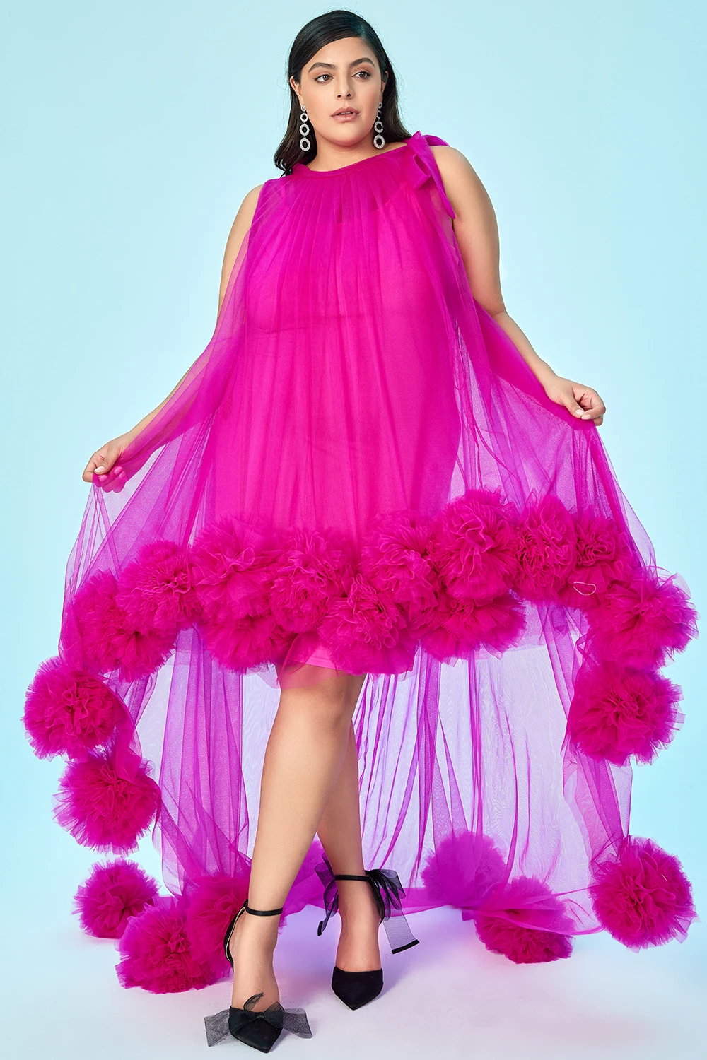 Vestido de talla grande para mujer, maxivestido asimétrico sin mangas de malla con volantes Magenta, vestidos elegantes para fiesta y Club de verano