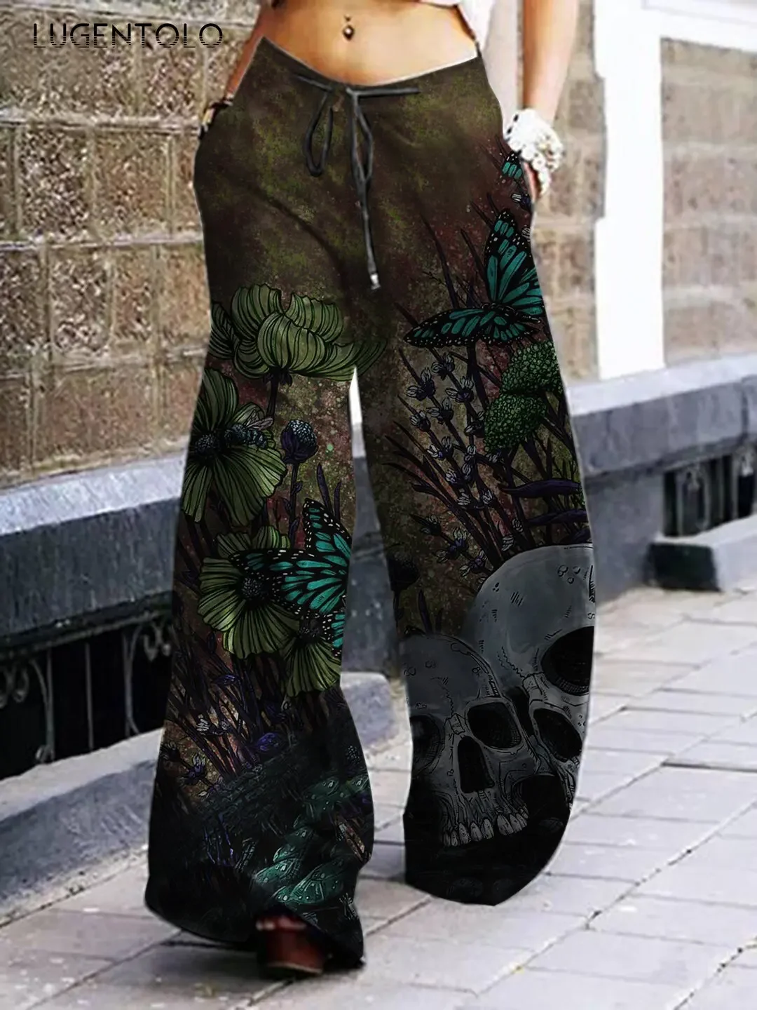 Women Skull Print Cargo Pants Dark Rock Style Fashion Summer Female Street Loose New Wide-leg Lace-up Casual Trousers