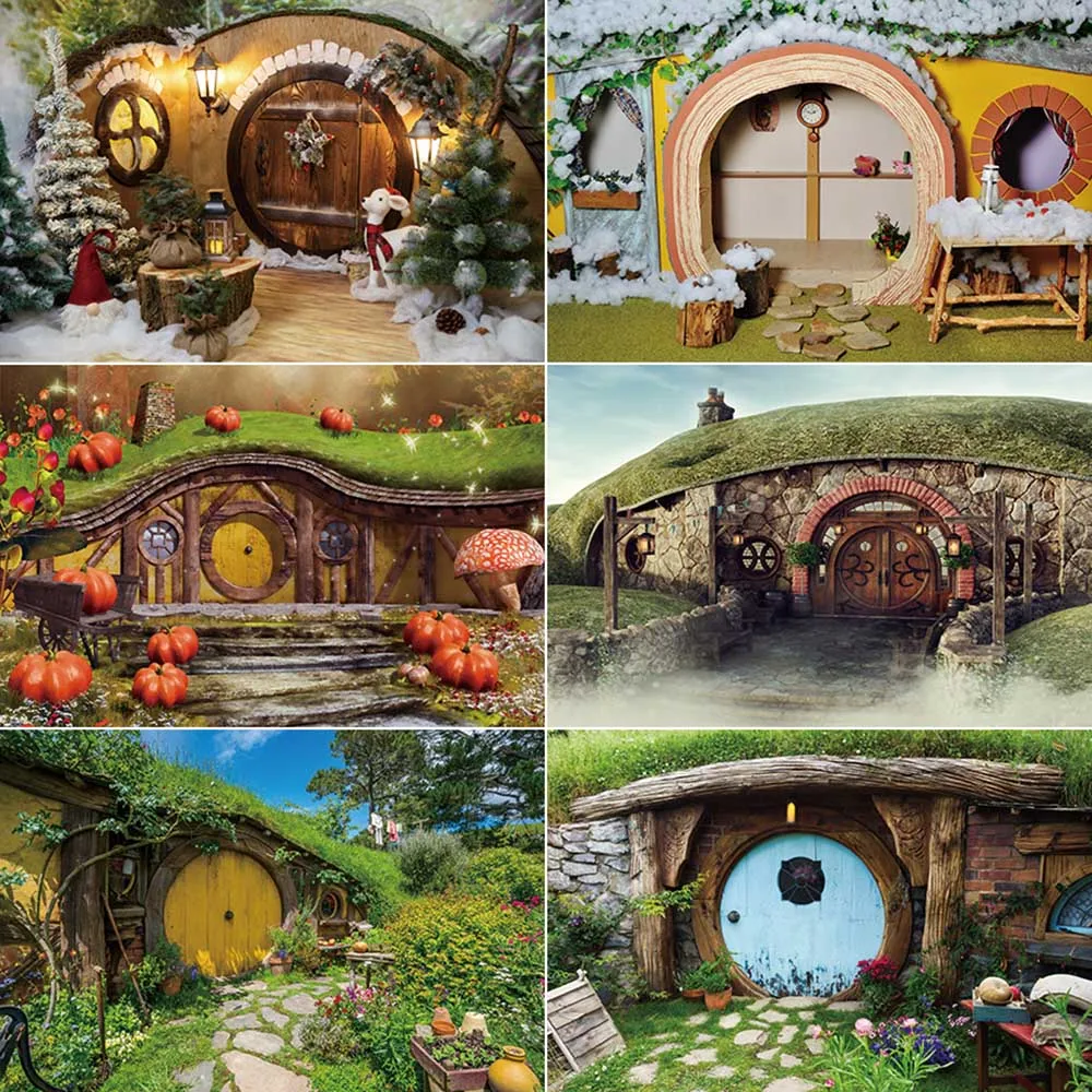 

MOON.QG Hobbits Cabin Photography Backdrops Children Portrait Party Photobooth Decor Backgrounds Photo Studio Photozone Props