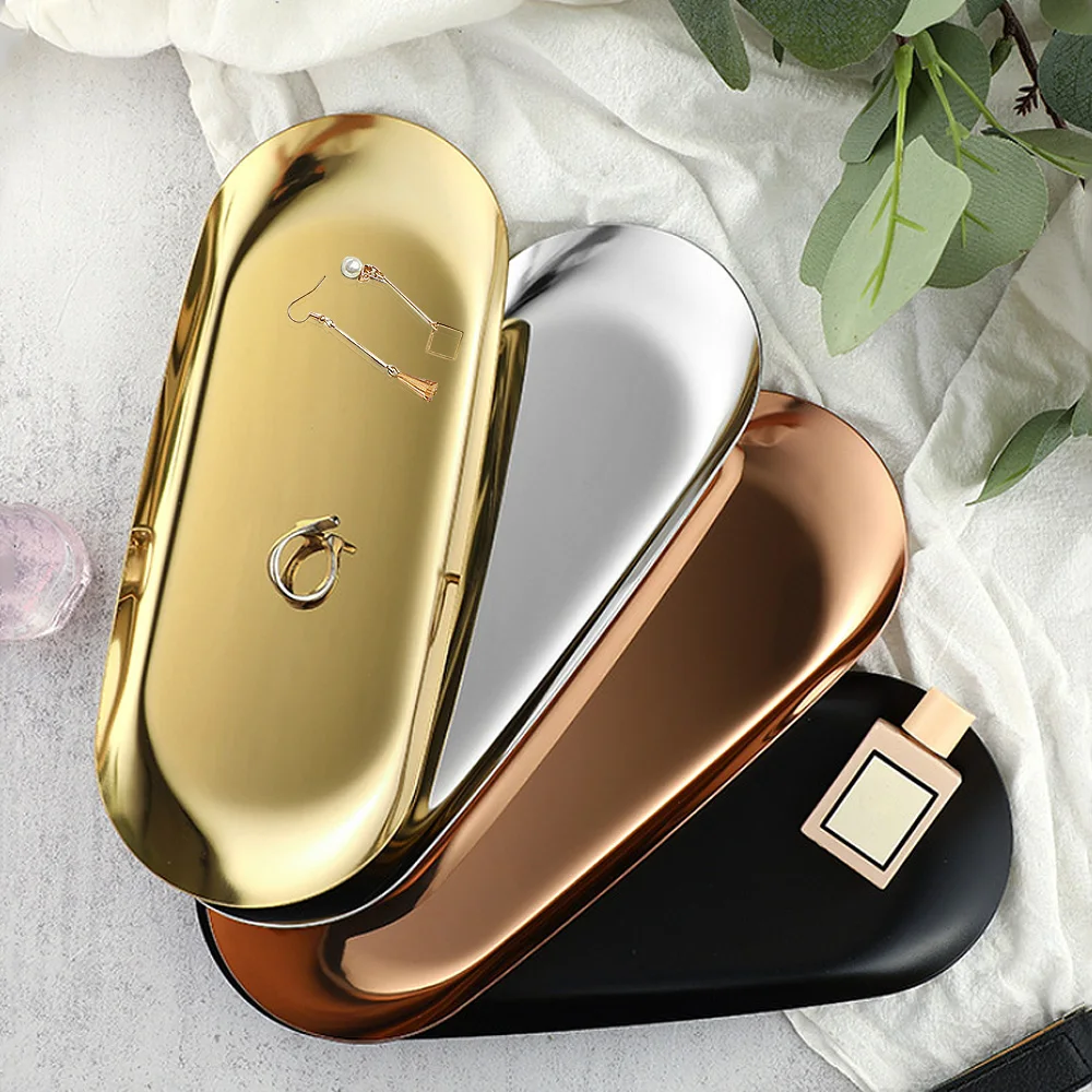 Korean Style Stainless Steel Storage Tray Dessert Plate Nut Fruit Cake Tray Tea Tray Desktop Cosmetic Jewelry Tray