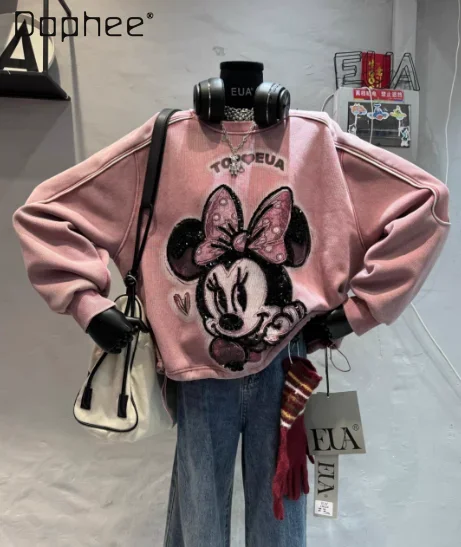 

European Goods Tops Autumn and Winter New Heavy Industry Sequins Cartoon Fleece Sweatshirts Women's Loose Round Neck Pullovers